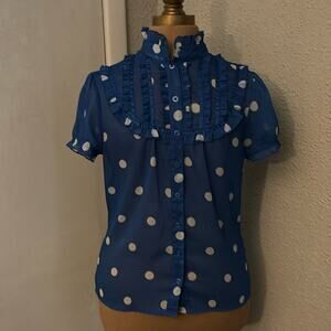 H&M Dividco Short Sleeve Ruffled Polka Dot Top 4 Blue/White Coquette Twee Retro